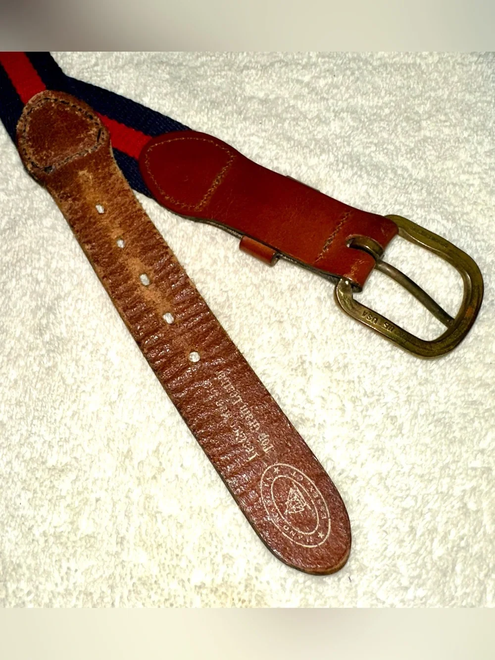 Vintage Leather Man Ltd Navy Red Stripe Canvas Leather Belt Solid Brass Sz 42
